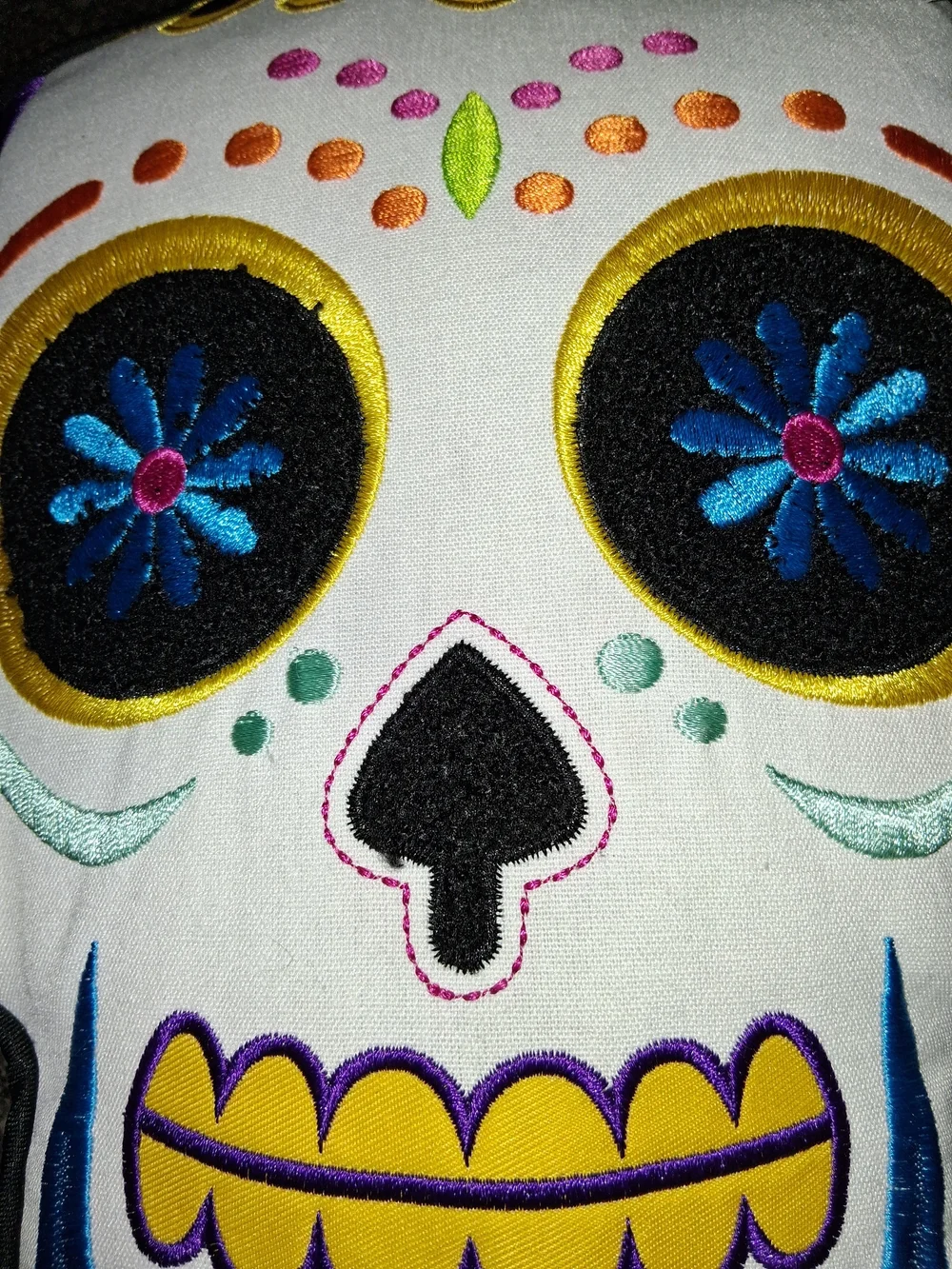 Embroidered Sugar Skull Pillow - White with Yellow, Blue & Black Accents